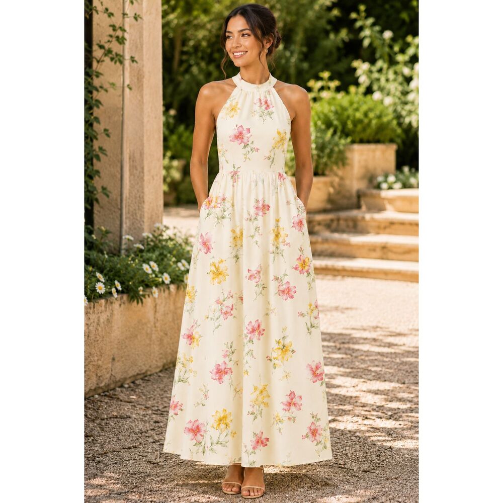 A New Day Sz. S Pale Yellow Floral Maxi Dress Open Back Halter/Lined/Pockets #10
